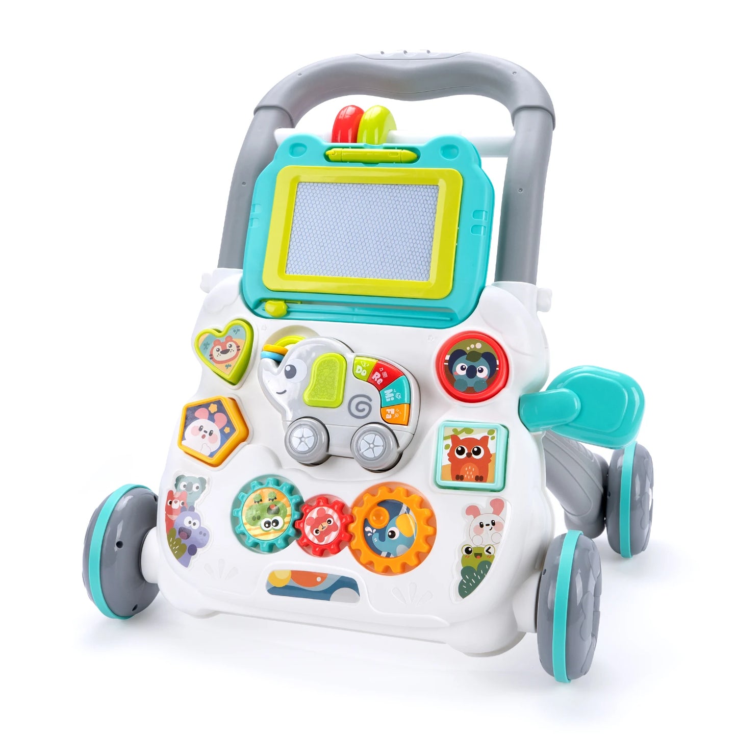 Baby Cartoon Push Walker Toy with Music Drawing Board Multifunction Activity Learning Walk Toddler Walker for 6-15 Months Infant