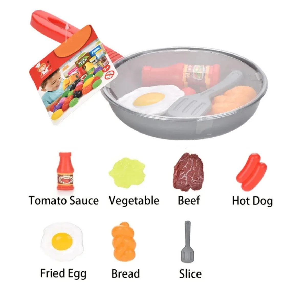 8PCS Kids Kitchen Play Food Set - Pretend Cookware with Steak, Vegetables, Bread & Hot Dog for Toddler Cooking Games