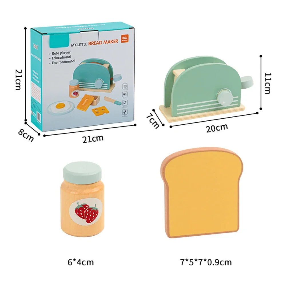 Wooden Toaster Toy Kids Bread Machine Kit Pretend Play Kitchen Toys Set Breakfast Educational Toys Gifts for Girls Boys