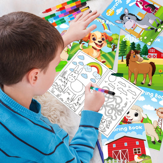 24Pcs Farm Coloring Books for Kids with 24 Stacking Crayons Mini Coloring Book Party Favors Bulk Gifts Cows Horses Barns Small A
