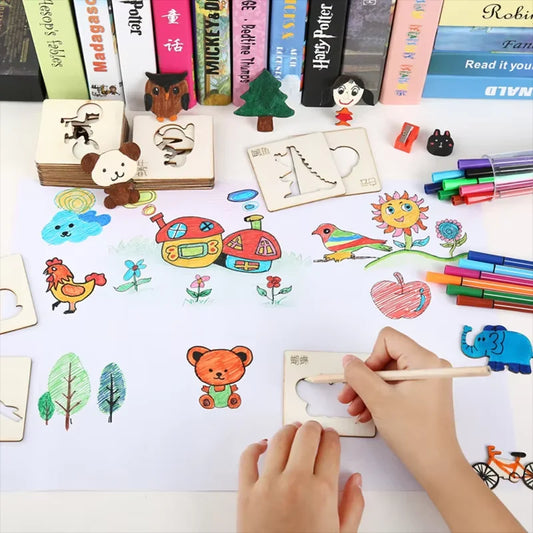 10-20pcs Wooden DIY  Kids Drawing Toys Painting Stencils Template Craft Toys Puzzle Educational Toys For Children Gifts
