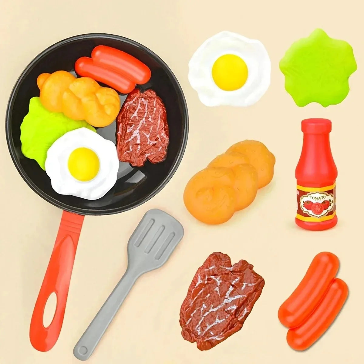 8PCS Kids Kitchen Play Food Set - Pretend Cookware with Steak, Vegetables, Bread & Hot Dog for Toddler Cooking Games