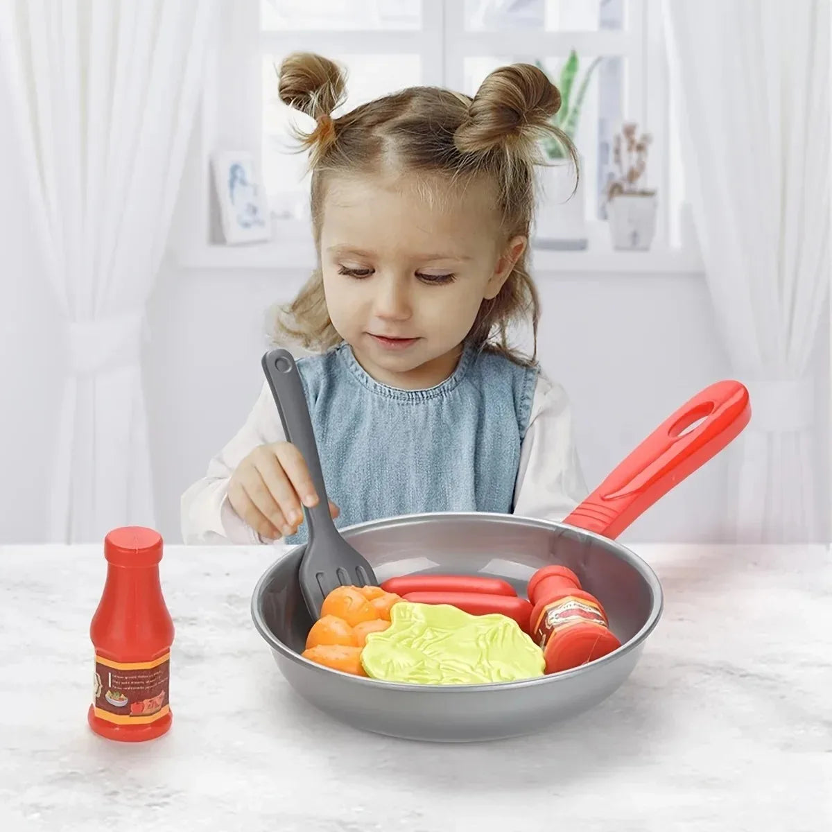8PCS Kids Kitchen Play Food Set - Pretend Cookware with Steak, Vegetables, Bread & Hot Dog for Toddler Cooking Games