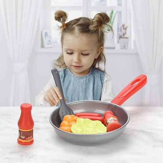 8PCS Kids Kitchen Play Food Set - Pretend Cookware with Steak, Vegetables, Bread & Hot Dog for Toddler Cooking Games