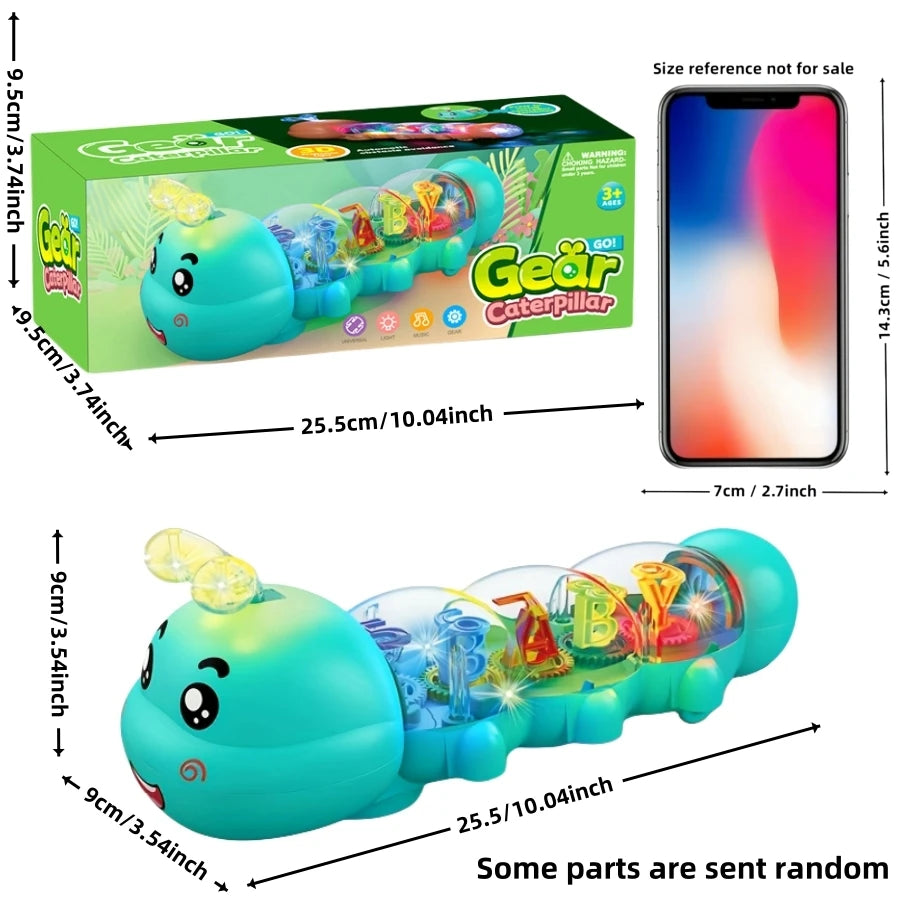 Cute caterpillar style baby crawling toy with lighting, music and automatic steering, letter and number design