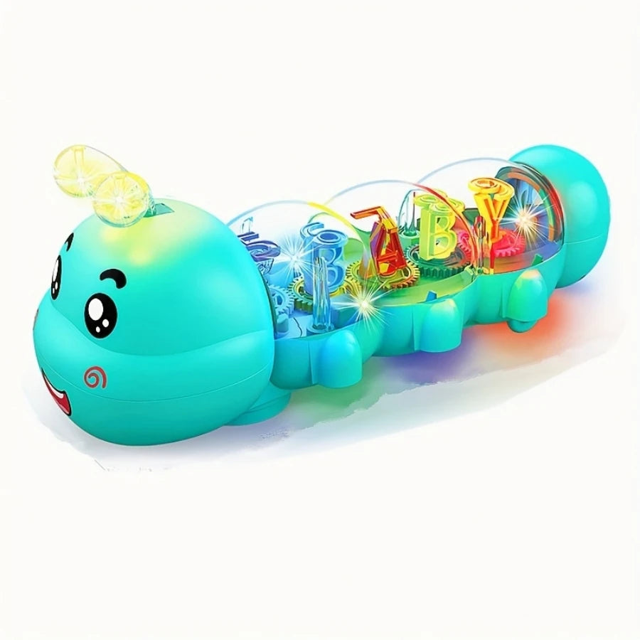 Cute caterpillar style baby crawling toy with lighting, music and automatic steering, letter and number design