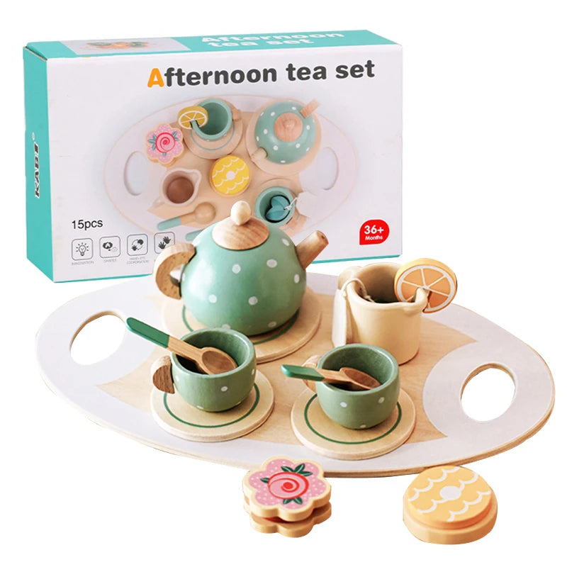 Wooden Afternoon Tea Set Toy Kitchen Accessories Tea Party Food Play Early Educational Toys for Toddlers Girls Boys Kids Gifts