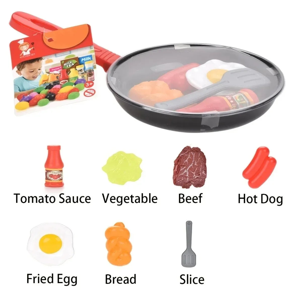 8PCS Kids Kitchen Play Food Set - Pretend Cookware with Steak, Vegetables, Bread & Hot Dog for Toddler Cooking Games