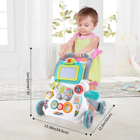Baby Cartoon Push Walker Toy with Music Drawing Board Multifunction Activity Learning Walk Toddler Walker for 6-15 Months Infant