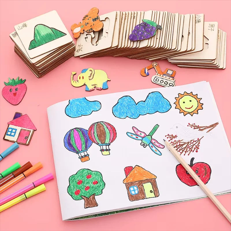 10-20pcs Wooden DIY  Kids Drawing Toys Painting Stencils Template Craft Toys Puzzle Educational Toys For Children Gifts