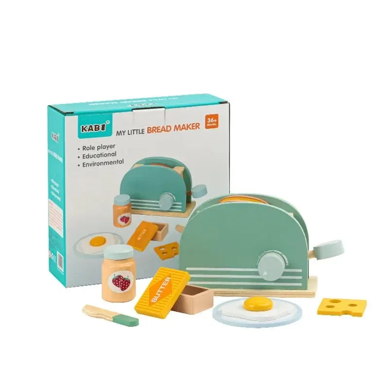 Wooden Toaster Toy Kids Bread Machine Kit Pretend Play Kitchen Toys Set Breakfast Educational Toys Gifts for Girls Boys