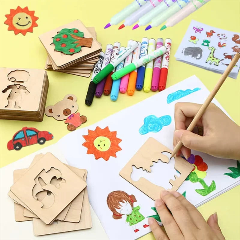 10-20pcs Wooden DIY  Kids Drawing Toys Painting Stencils Template Craft Toys Puzzle Educational Toys For Children Gifts
